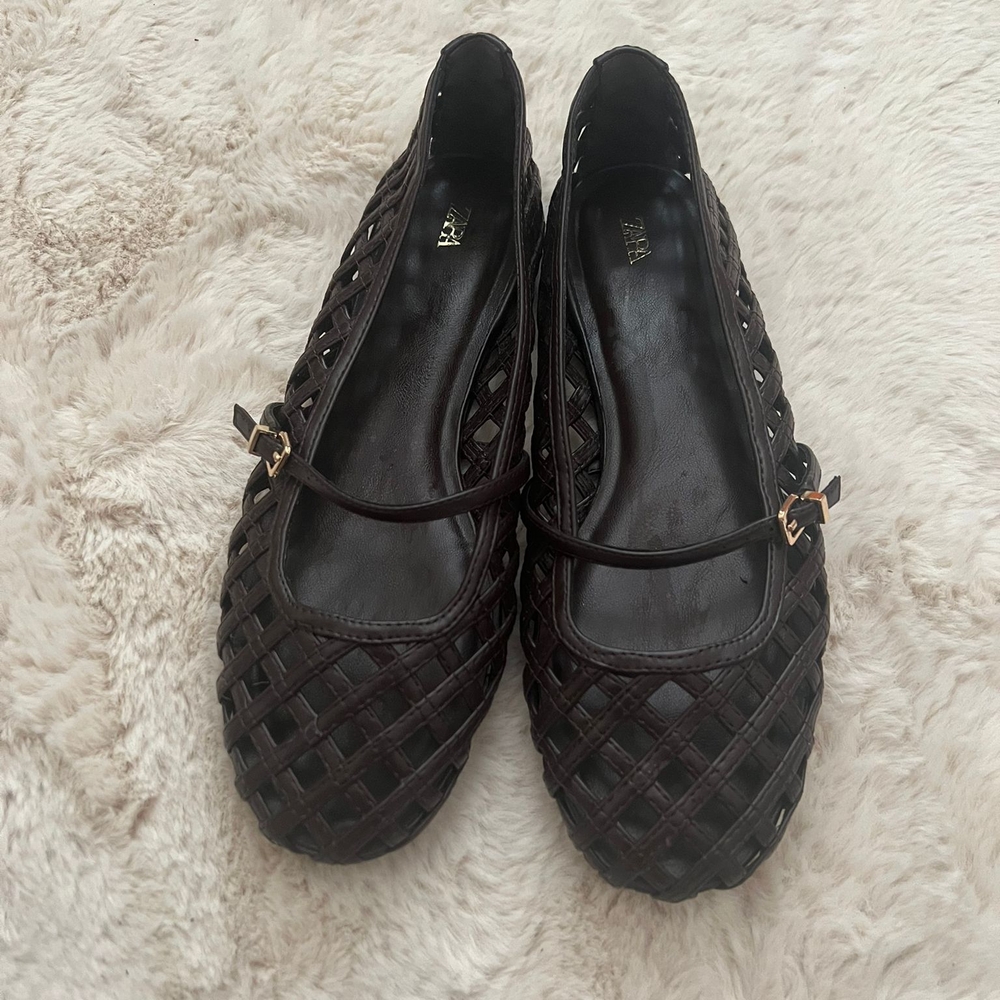 Zara Mocha Brown Woven Flats with Gold Detail